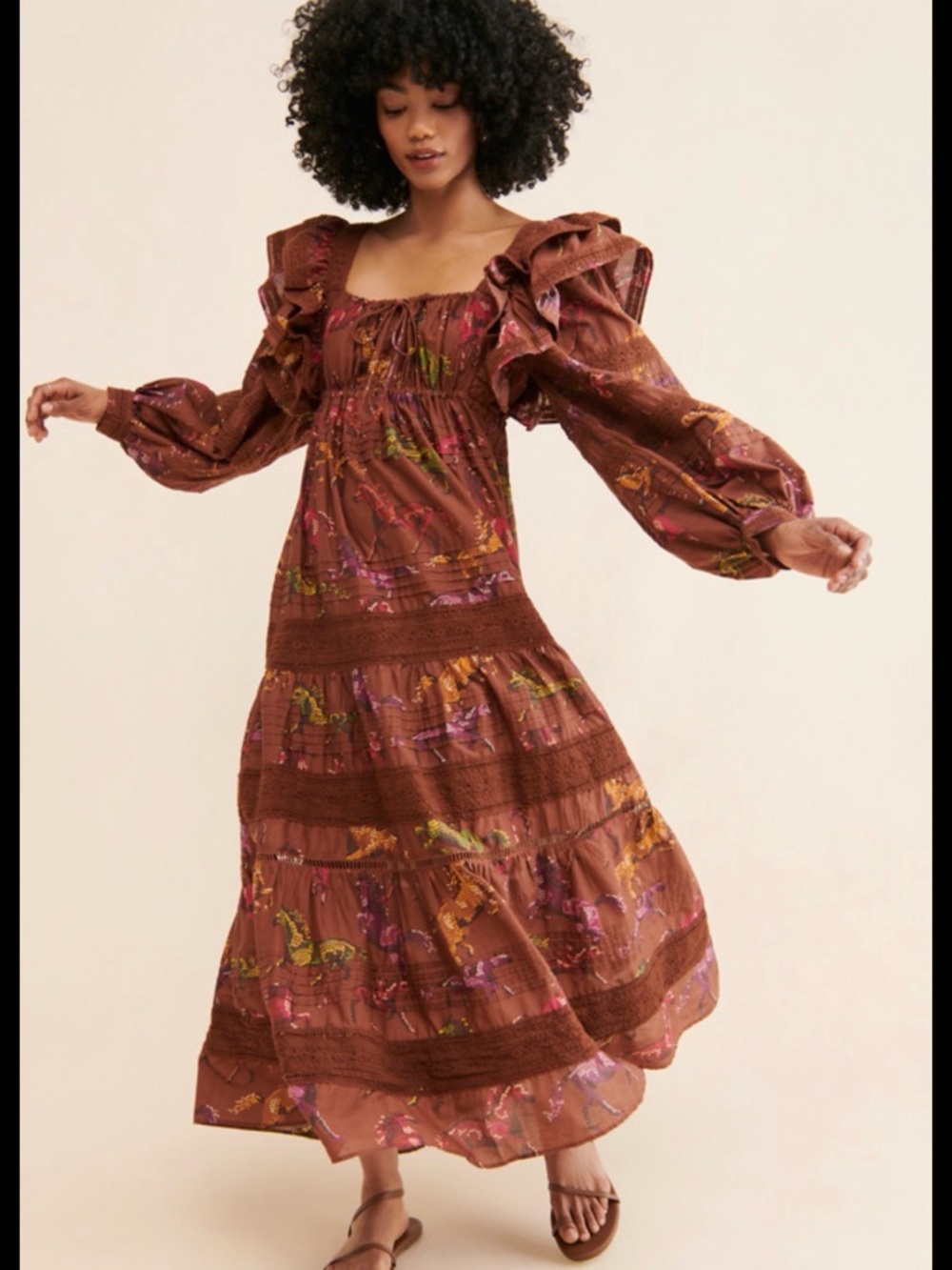 Farm Rio Dotted Horse Boho Tiered Brown Floral Maxi Dress